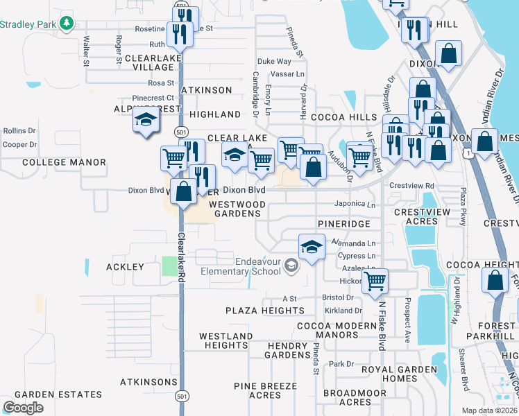 map of restaurants, bars, coffee shops, grocery stores, and more near 1306 Japonica Lane in Cocoa