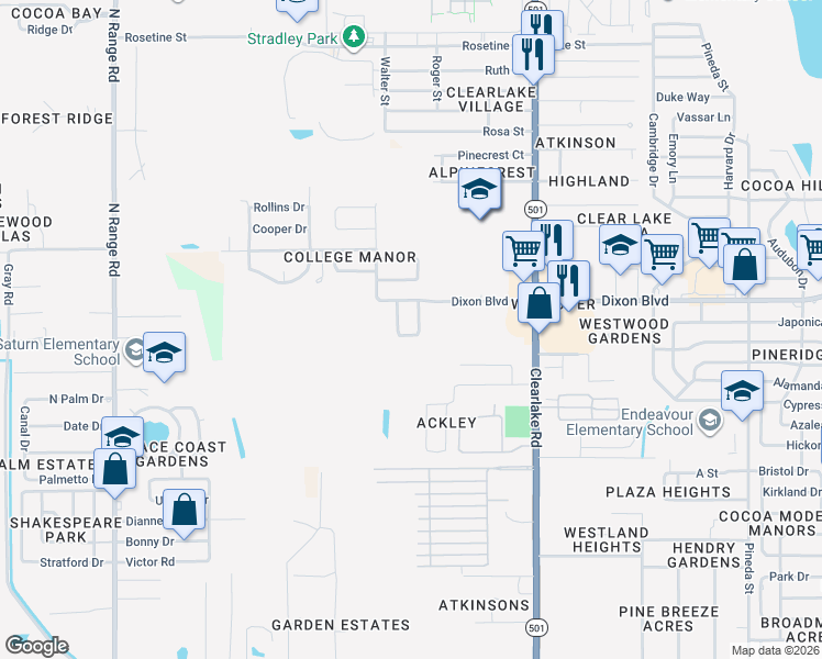 map of restaurants, bars, coffee shops, grocery stores, and more near 1211 Amherst Court in Cocoa