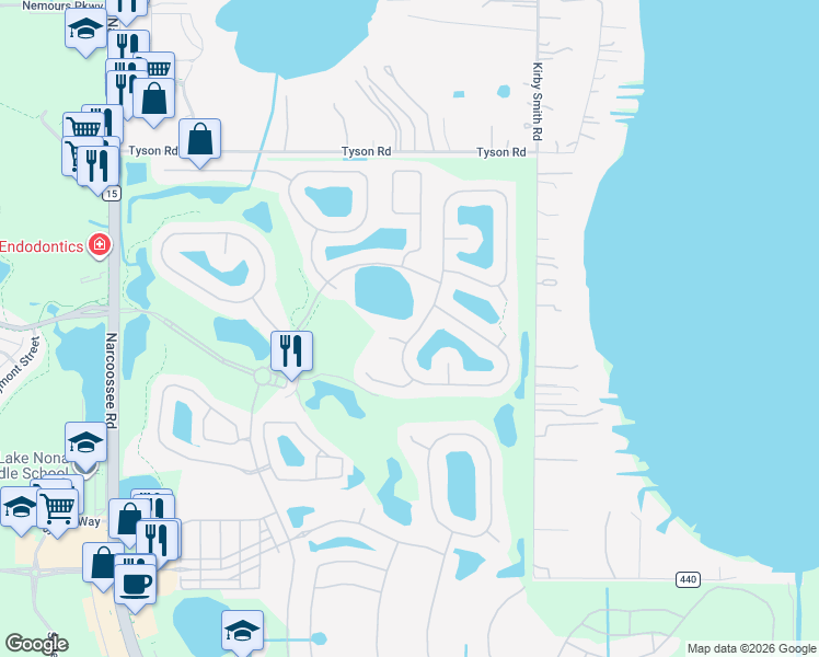 map of restaurants, bars, coffee shops, grocery stores, and more near 13424 Budworth Circle in Orlando