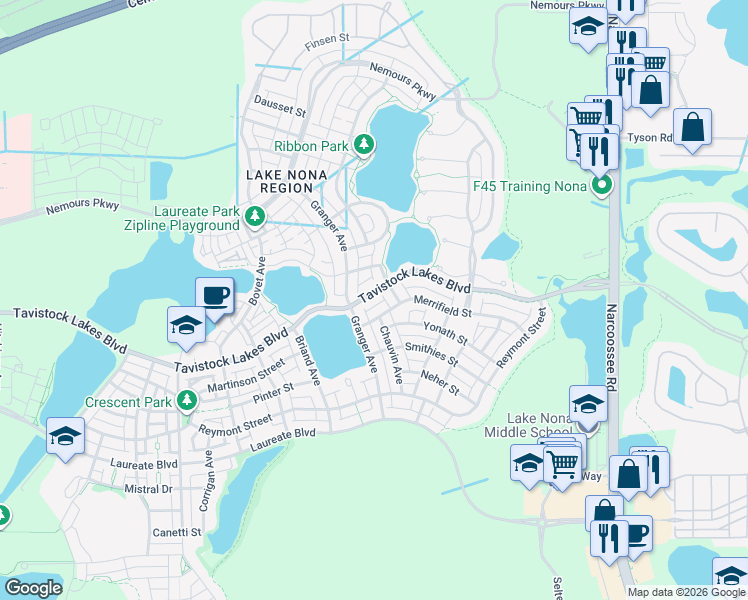 map of restaurants, bars, coffee shops, grocery stores, and more near 8728 Tavistock Lakes Boulevard in Orlando