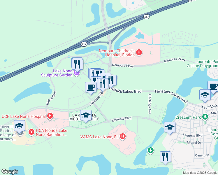 map of restaurants, bars, coffee shops, grocery stores, and more near 6900 Tavistock Lakes Boulevard in Orlando