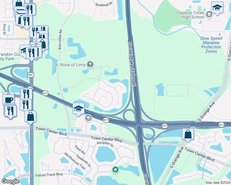 map of restaurants, bars, coffee shops, grocery stores, and more near 1164 Kempton Chase Parkway in Orlando