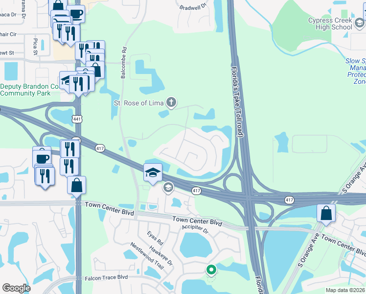 map of restaurants, bars, coffee shops, grocery stores, and more near 13034 Prairie Meadows Drive in Orlando