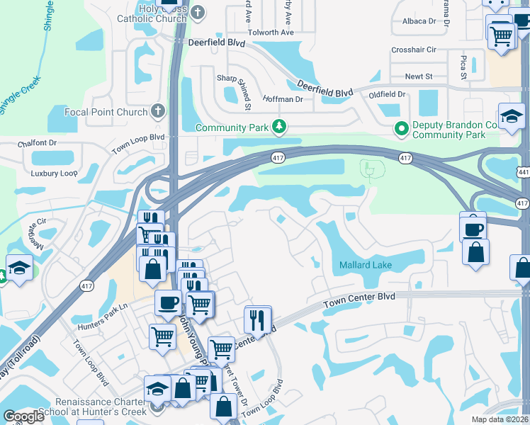 map of restaurants, bars, coffee shops, grocery stores, and more near 13233 Mallard Cove Boulevard in Orlando