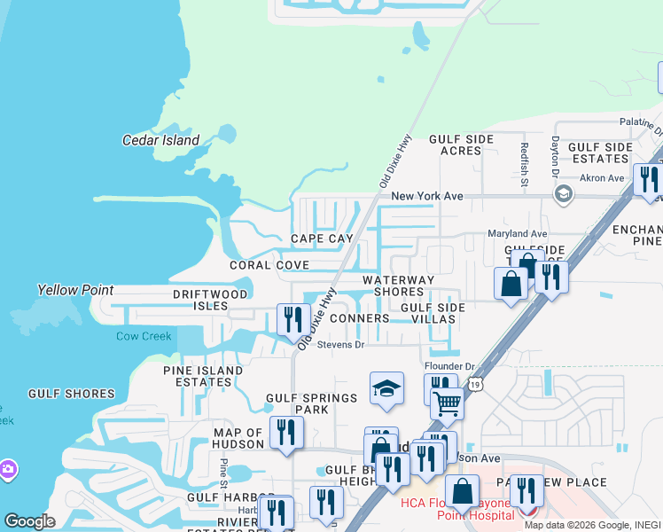 map of restaurants, bars, coffee shops, grocery stores, and more near 7104 Fair Lane in Hudson
