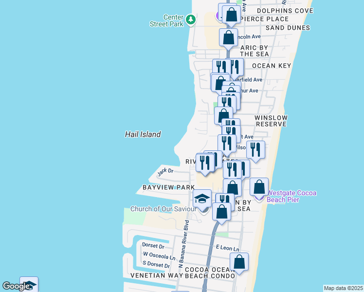 map of restaurants, bars, coffee shops, grocery stores, and more near 5807 North Banana River Boulevard in Cape Canaveral
