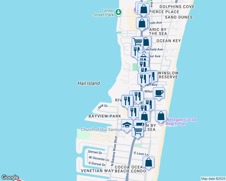 map of restaurants, bars, coffee shops, grocery stores, and more near 5807 North Banana River Boulevard in Cape Canaveral