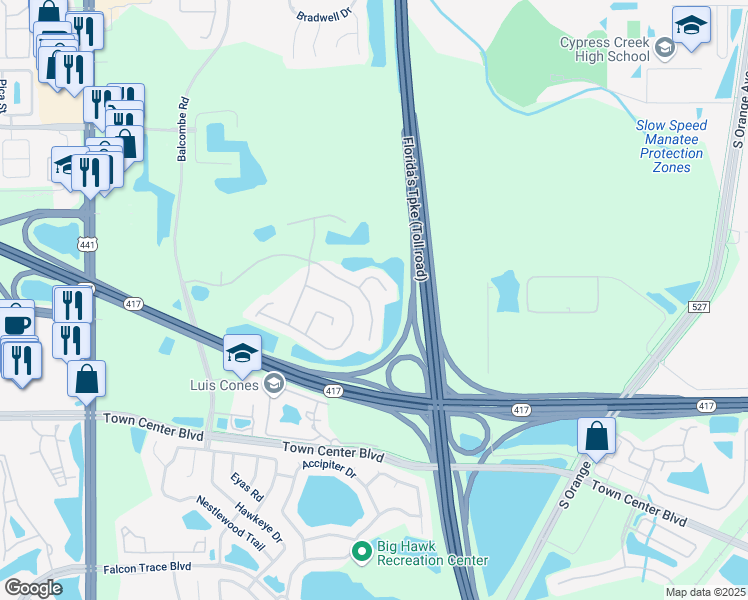 map of restaurants, bars, coffee shops, grocery stores, and more near 1153 Kempton Chase Parkway in Orlando