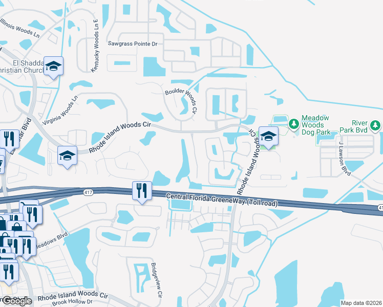 map of restaurants, bars, coffee shops, grocery stores, and more near 13336 Fairway Glen Drive in Orlando