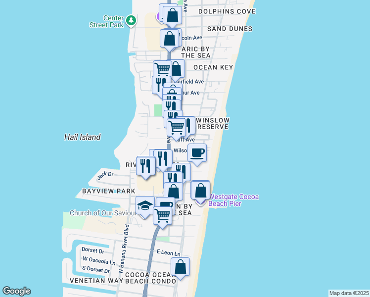map of restaurants, bars, coffee shops, grocery stores, and more near 6063 Ridgewood Avenue in Cocoa Beach
