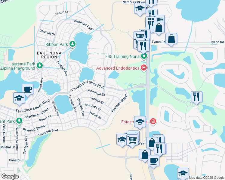 map of restaurants, bars, coffee shops, grocery stores, and more near 9661 Tavistock Lakes Boulevard in Orlando