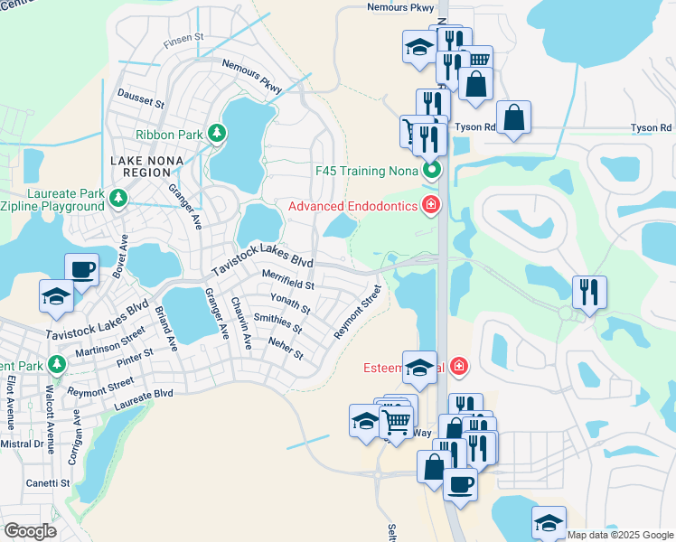 map of restaurants, bars, coffee shops, grocery stores, and more near 9661 Tavistock Lakes Boulevard in Orlando