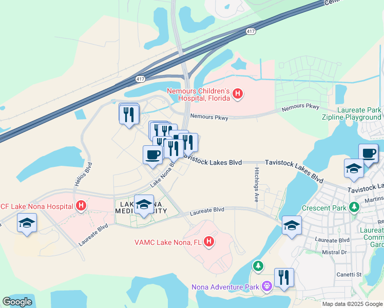 map of restaurants, bars, coffee shops, grocery stores, and more near 23 Tavistock Lakes Boulevard in Orlando
