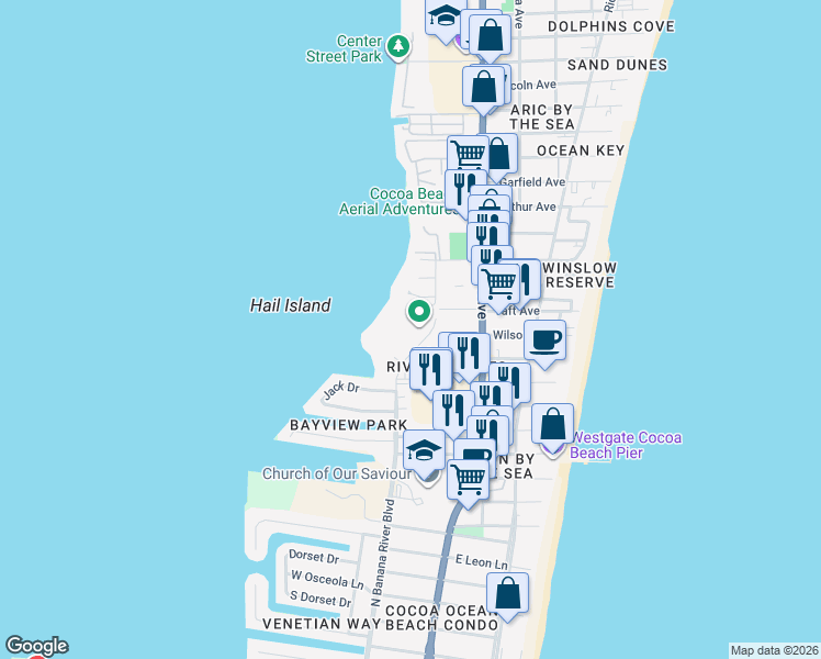 map of restaurants, bars, coffee shops, grocery stores, and more near 5805 North Banana River Boulevard in Cape Canaveral