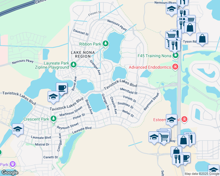 map of restaurants, bars, coffee shops, grocery stores, and more near 8932 Tavistock Lakes Boulevard in Orlando