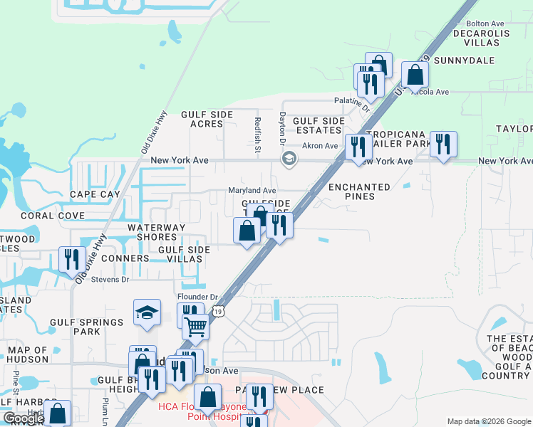 map of restaurants, bars, coffee shops, grocery stores, and more near 14807 Scamp Drive in Hudson