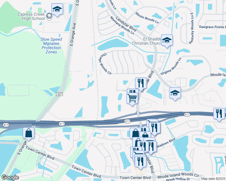 map of restaurants, bars, coffee shops, grocery stores, and more near 513 Pinnacle Cove Boulevard in Orlando