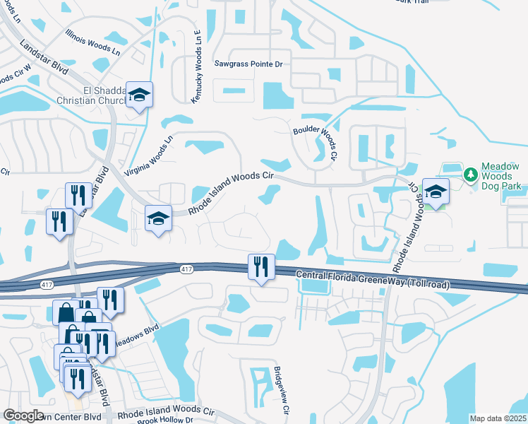 map of restaurants, bars, coffee shops, grocery stores, and more near 13542 Texas Woods Circle in Orlando