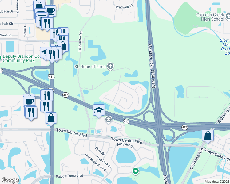map of restaurants, bars, coffee shops, grocery stores, and more near 13034 Prairie Meadows Drive in Orlando