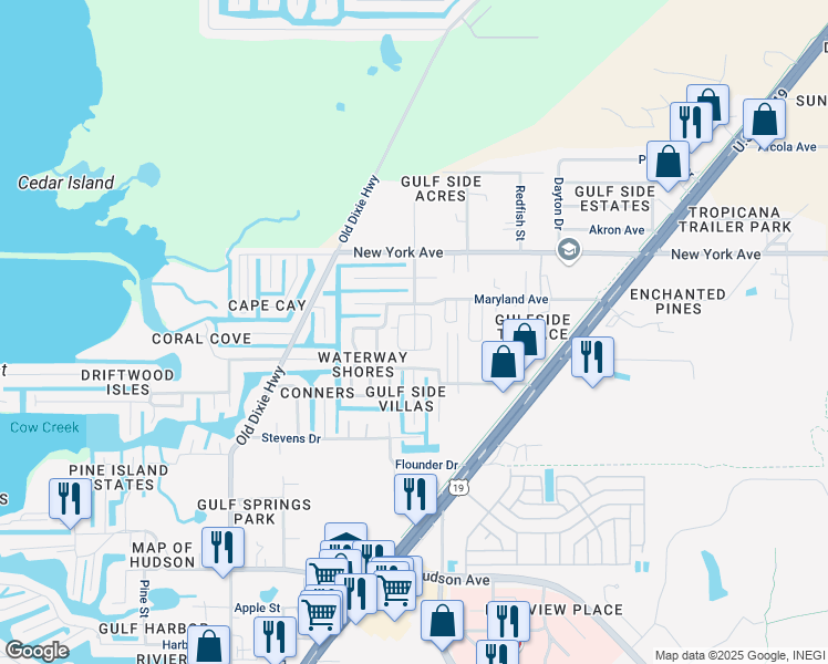map of restaurants, bars, coffee shops, grocery stores, and more near 14829 Swopes Loop in Hudson