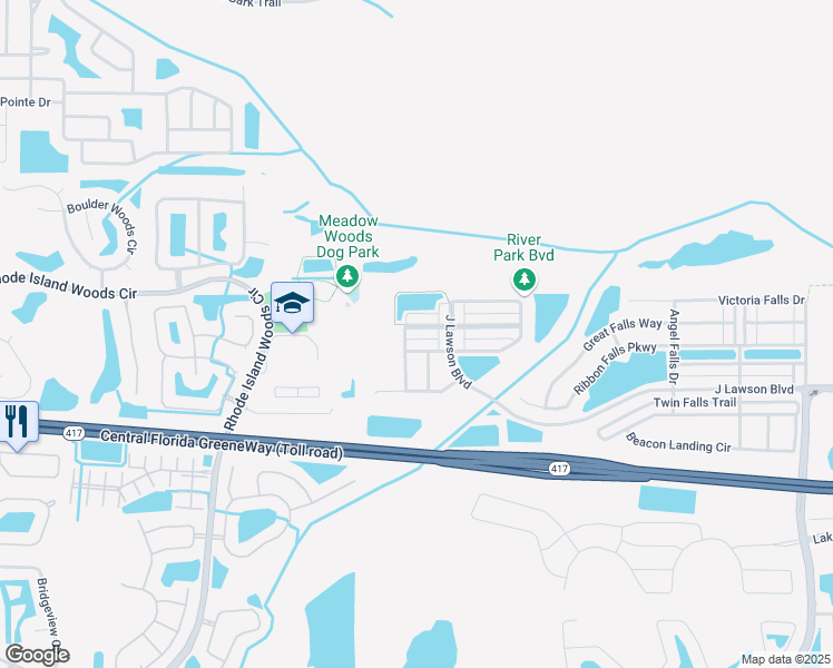 map of restaurants, bars, coffee shops, grocery stores, and more near 1516 Buckeye Falls Way in Orlando