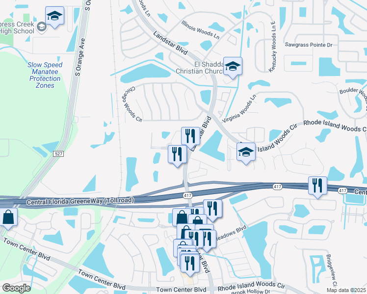 map of restaurants, bars, coffee shops, grocery stores, and more near 1021 Landstar Park Drive in Orlando