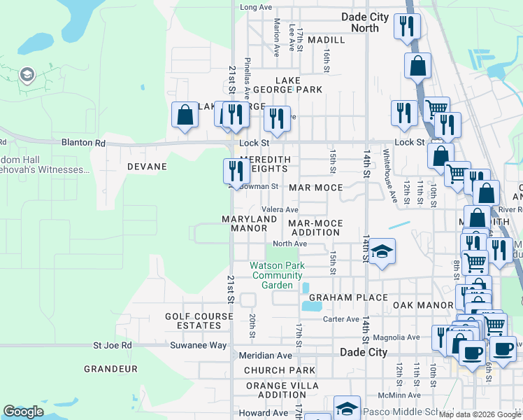 map of restaurants, bars, coffee shops, grocery stores, and more near 37135 Valera Avenue in Dade City