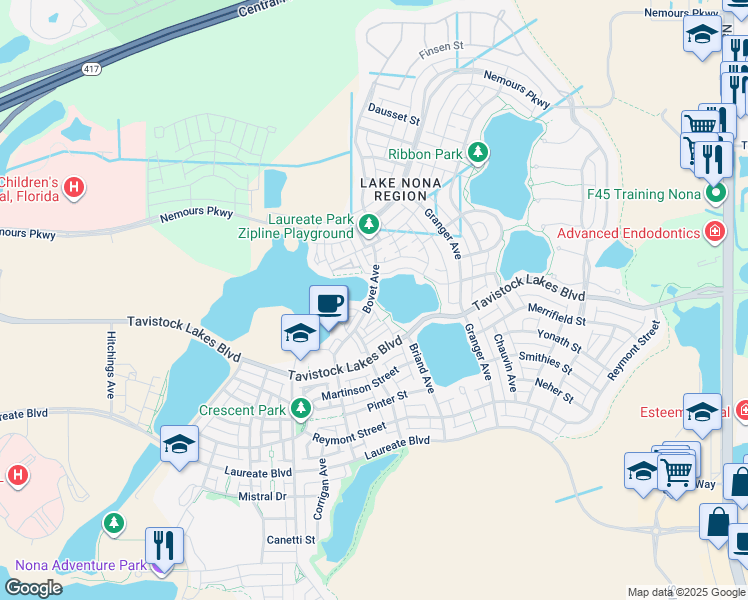map of restaurants, bars, coffee shops, grocery stores, and more near 8747 Tavistock Lakes Boulevard in Orlando