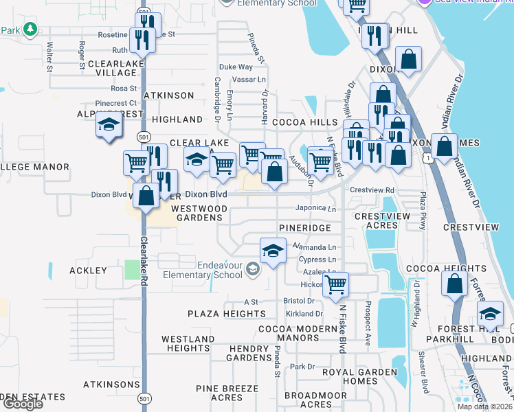 map of restaurants, bars, coffee shops, grocery stores, and more near 1210 Japonica Lane in Cocoa