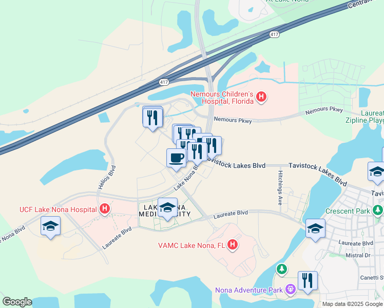 map of restaurants, bars, coffee shops, grocery stores, and more near 6941 Lake Nona Boulevard in Orlando