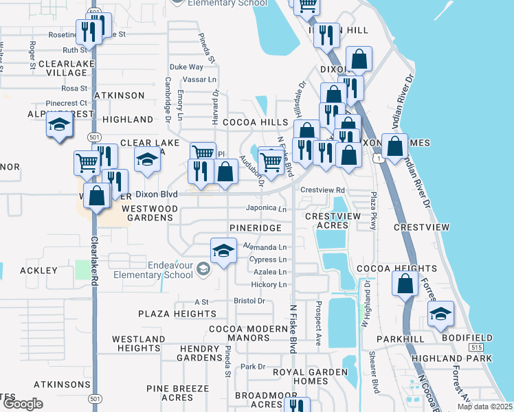 map of restaurants, bars, coffee shops, grocery stores, and more near 1102 Japonica Ln in Cocoa