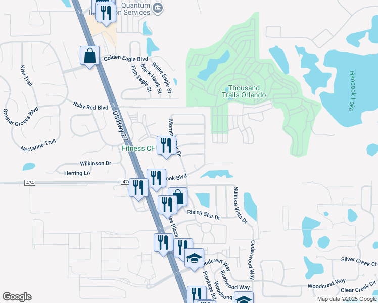 map of restaurants, bars, coffee shops, grocery stores, and more near 16711 Hidden Spring Drive in Clermont