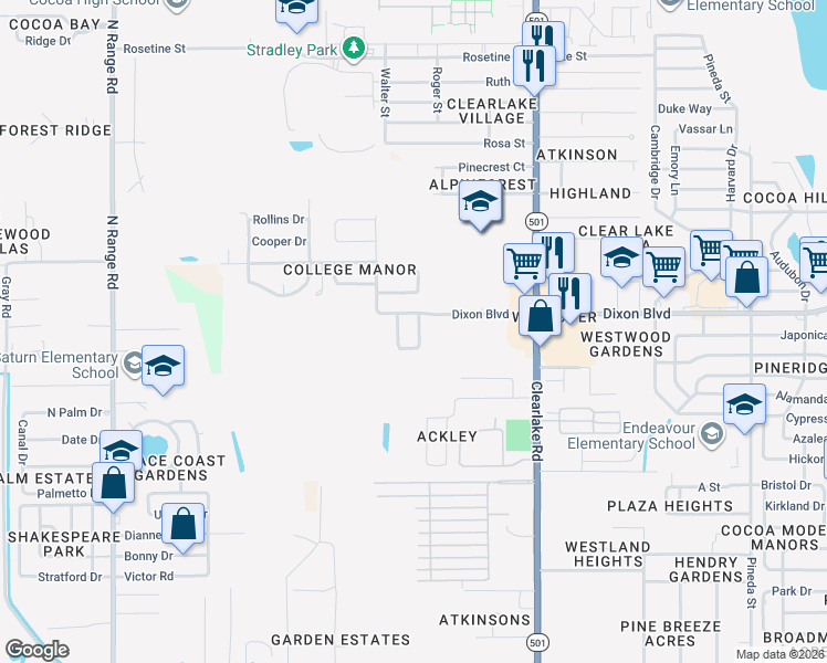 map of restaurants, bars, coffee shops, grocery stores, and more near 1211 Amherst Court in Cocoa