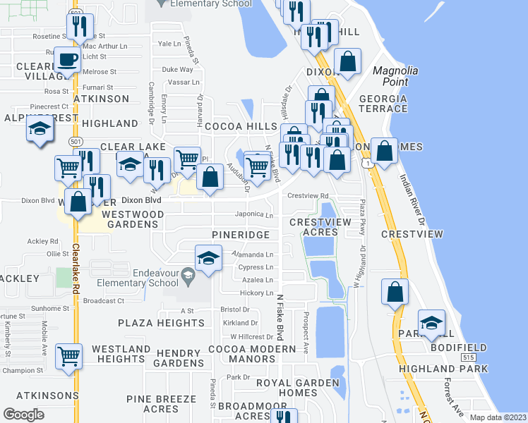 map of restaurants, bars, coffee shops, grocery stores, and more near 1046 Japonica Lane in Cocoa