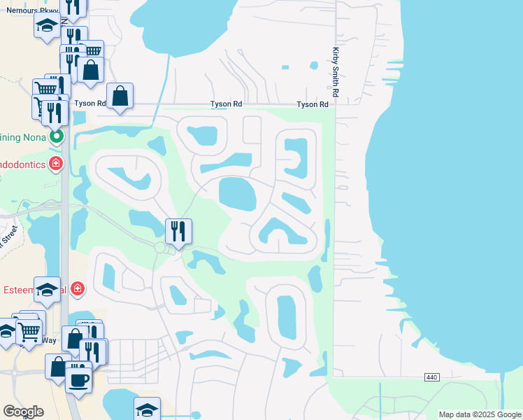map of restaurants, bars, coffee shops, grocery stores, and more near 13424 Budworth Circle in Orlando