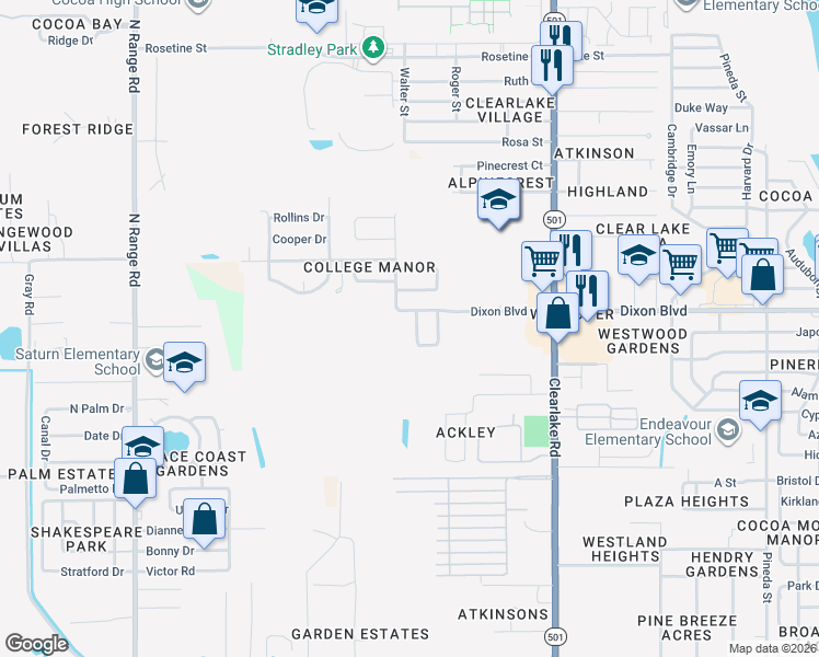 map of restaurants, bars, coffee shops, grocery stores, and more near 1211 Amherst Court in Cocoa