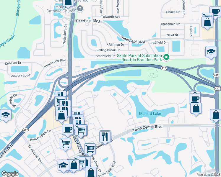 map of restaurants, bars, coffee shops, grocery stores, and more near 13233 Mallard Cove Boulevard in Orlando