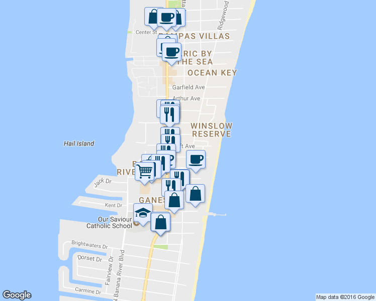 map of restaurants, bars, coffee shops, grocery stores, and more near 6063 Ridgewood Avenue in Cocoa Beach