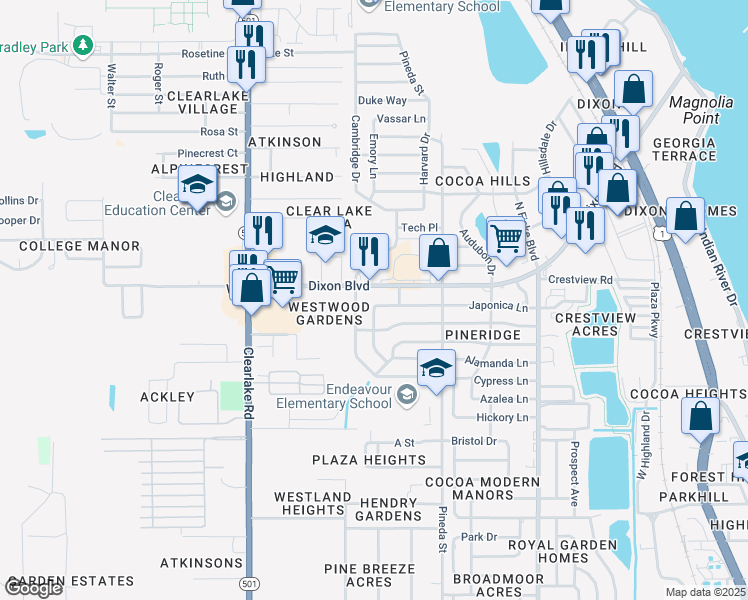 map of restaurants, bars, coffee shops, grocery stores, and more near 1306 Japonica Lane in Cocoa