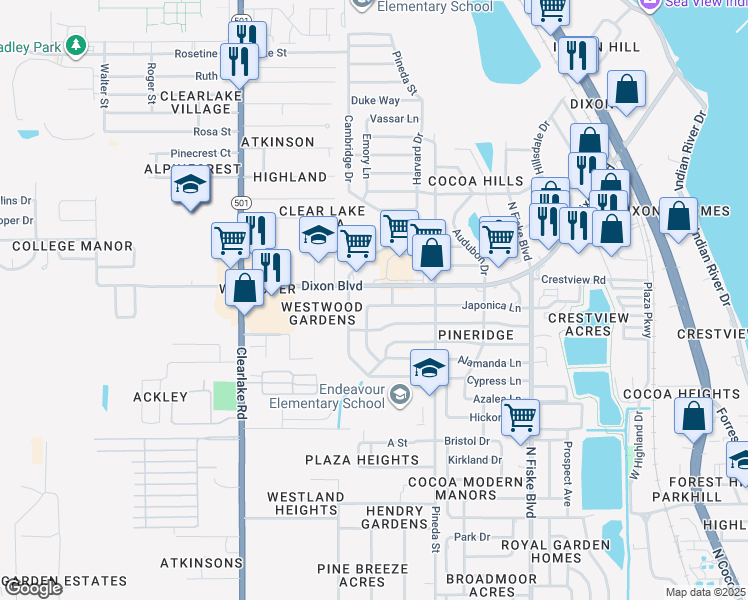 map of restaurants, bars, coffee shops, grocery stores, and more near 1306 Japonica Lane in Cocoa