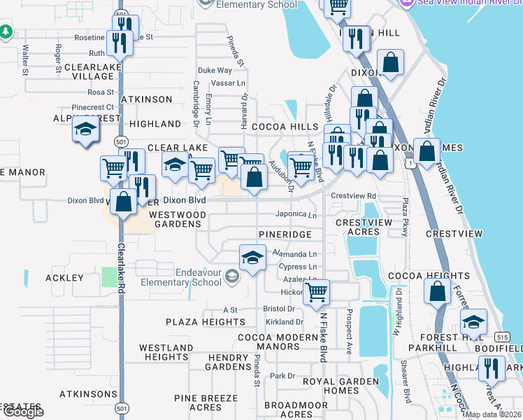 map of restaurants, bars, coffee shops, grocery stores, and more near 1114 Japonica Lane in Cocoa