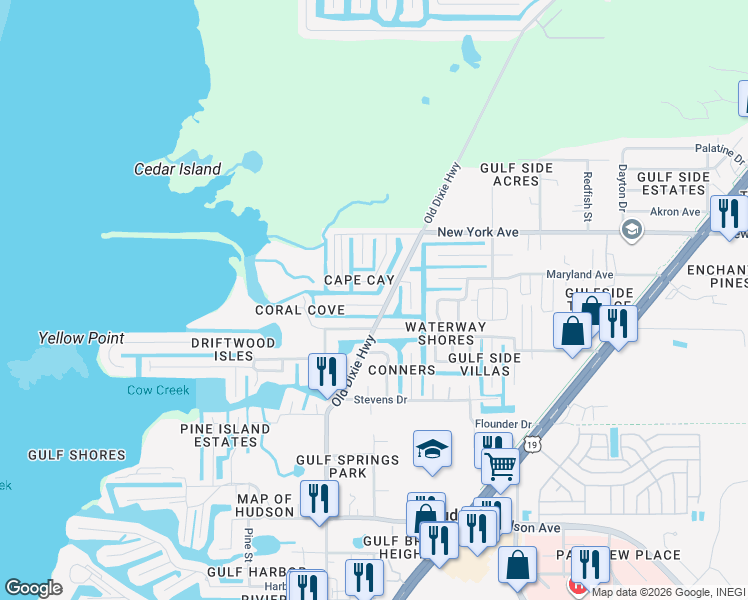 map of restaurants, bars, coffee shops, grocery stores, and more near 14811 Old Dixie Highway in Hudson