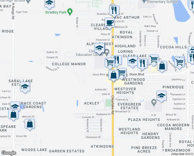 map of restaurants, bars, coffee shops, grocery stores, and more near 1711 Dixon Boulevard in Cocoa