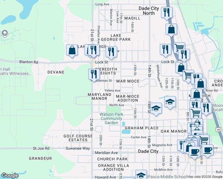 map of restaurants, bars, coffee shops, grocery stores, and more near 37135 Valera Avenue in Dade City