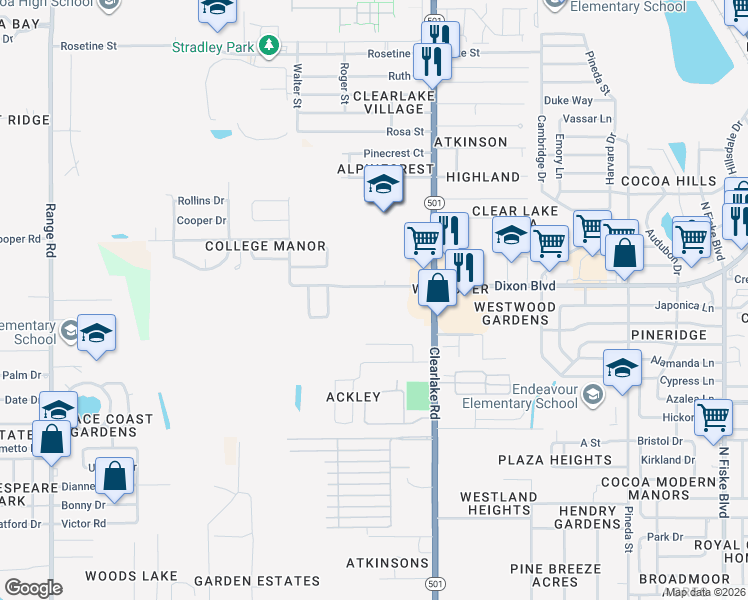 map of restaurants, bars, coffee shops, grocery stores, and more near 1711 Dixon Boulevard in Cocoa