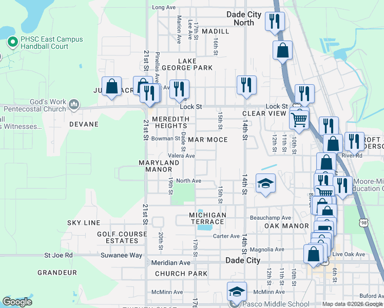 map of restaurants, bars, coffee shops, grocery stores, and more near 14733 17th Street in Dade City