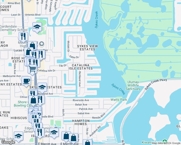 map of restaurants, bars, coffee shops, grocery stores, and more near 405 Sundoro Court in Merritt Island