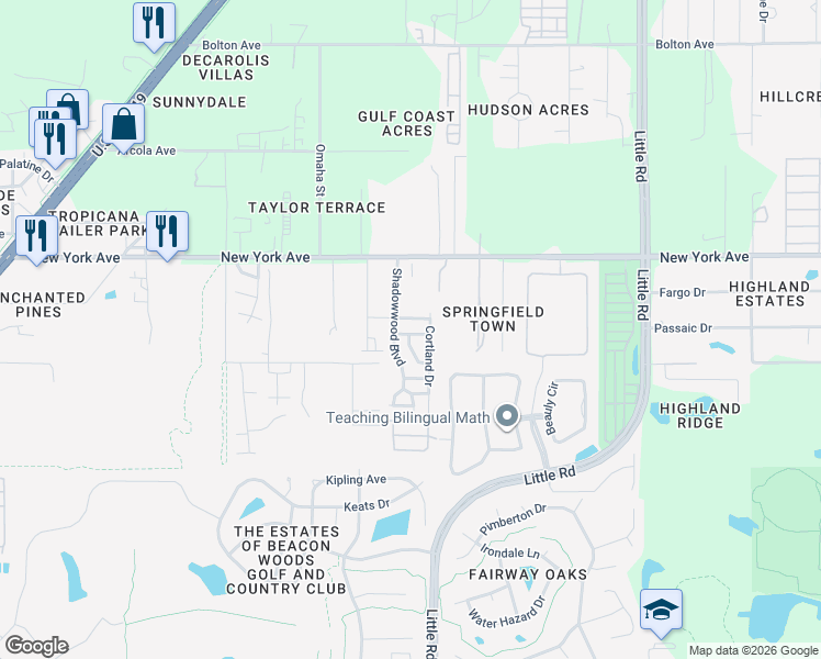 map of restaurants, bars, coffee shops, grocery stores, and more near 8901-8905 Hollywood Drive in Hudson
