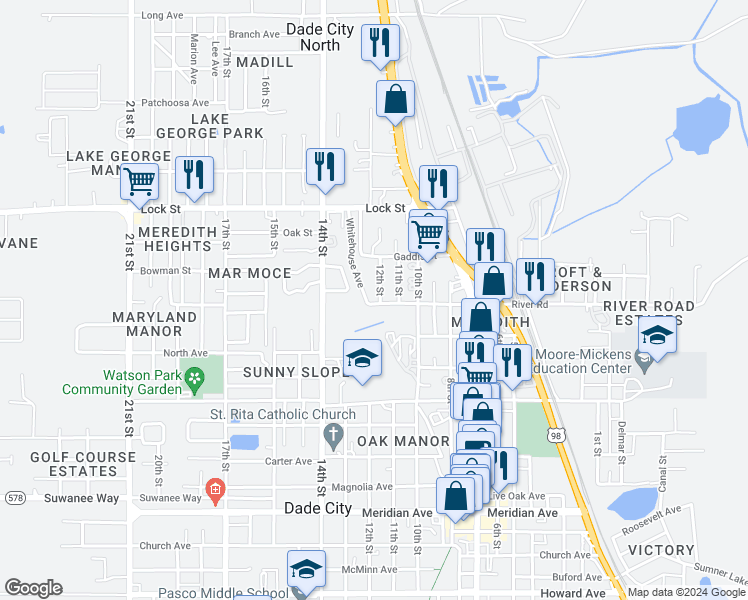 map of restaurants, bars, coffee shops, grocery stores, and more near 14735 12th Street in Dade City
