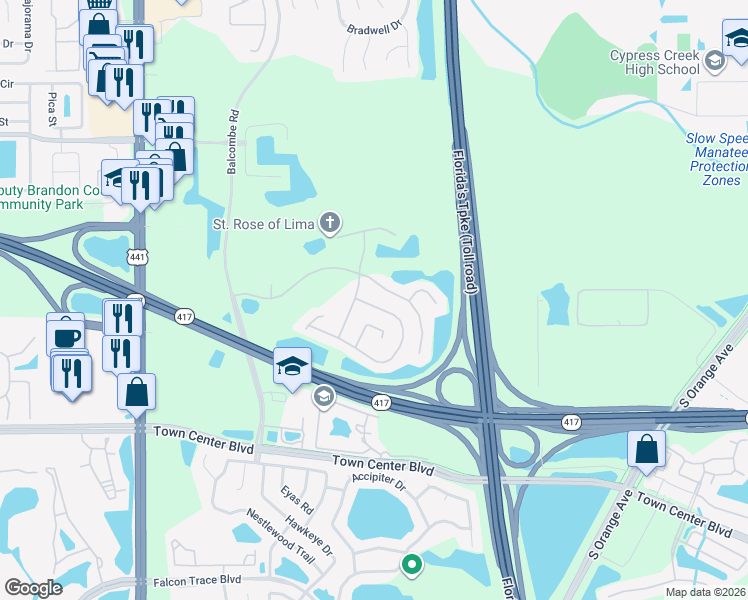 map of restaurants, bars, coffee shops, grocery stores, and more near 1120 Epson Oaks Way in Orlando